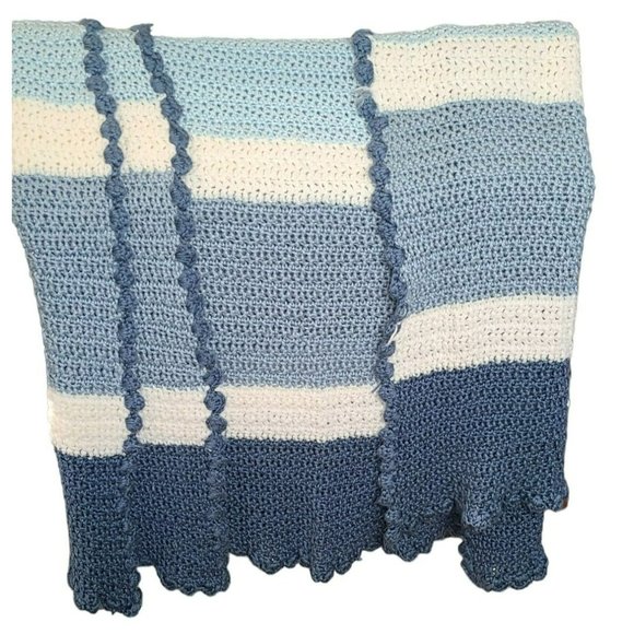 Handmade Other - Handmade Knit Throw Blanket 110" x 48" Blue White Striped Scallop Edge